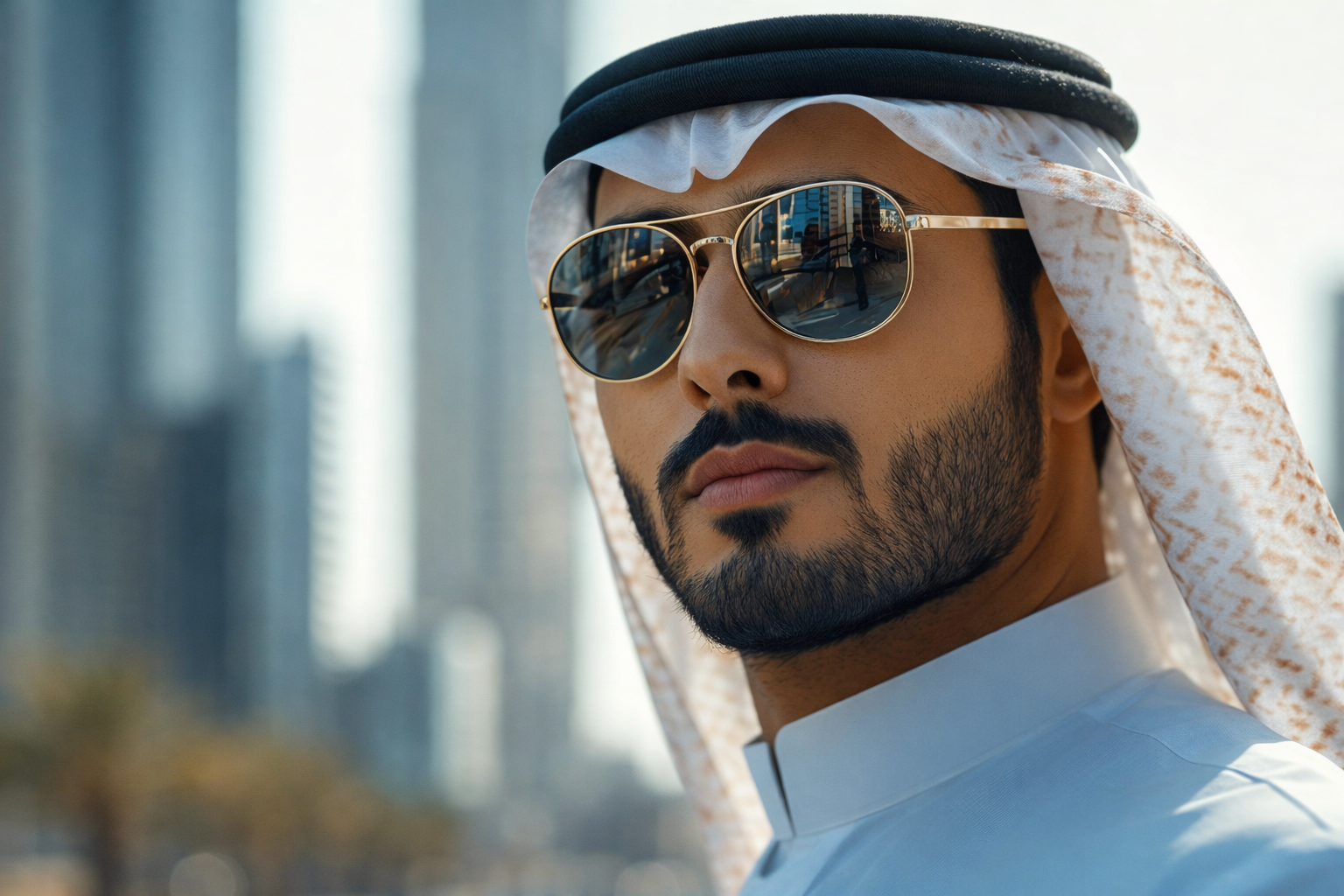 رجل سعودي يرتدي نظارة شمسية لحماية العين من الأشعة فوق البنفسجية في يوم مشمس